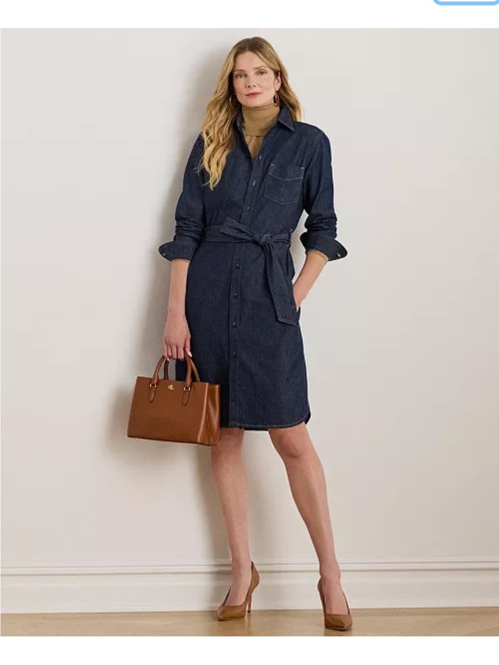 Denim Shirt Dress with Waist Tie - Dark Blue
